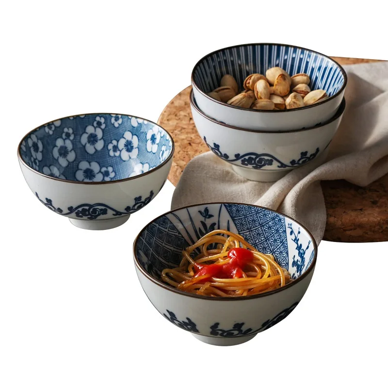 

Japanese style creative kitchen cutlery blue and white pattern 4.5 inch ceramic rice bowl gravy bowl
