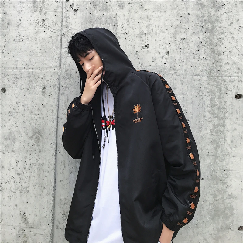 Maple Leaf Embroidery Jackets Men Hip Hop Hooded Coat 2019 Spring Mens Streetwear Embroidered Jackets for Male Q0342