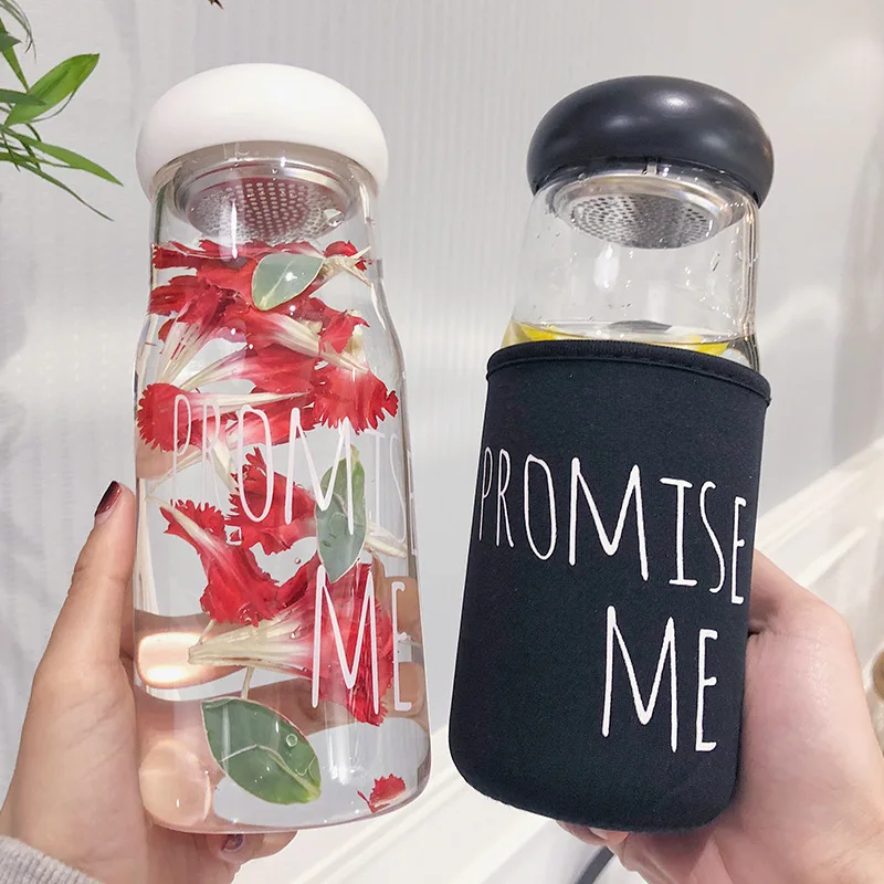 

New Brief Design Popular My Water Bottle With Tea Infuser PROMISE ME Fashion Glass Water bottles For Milk Fruit Coffee