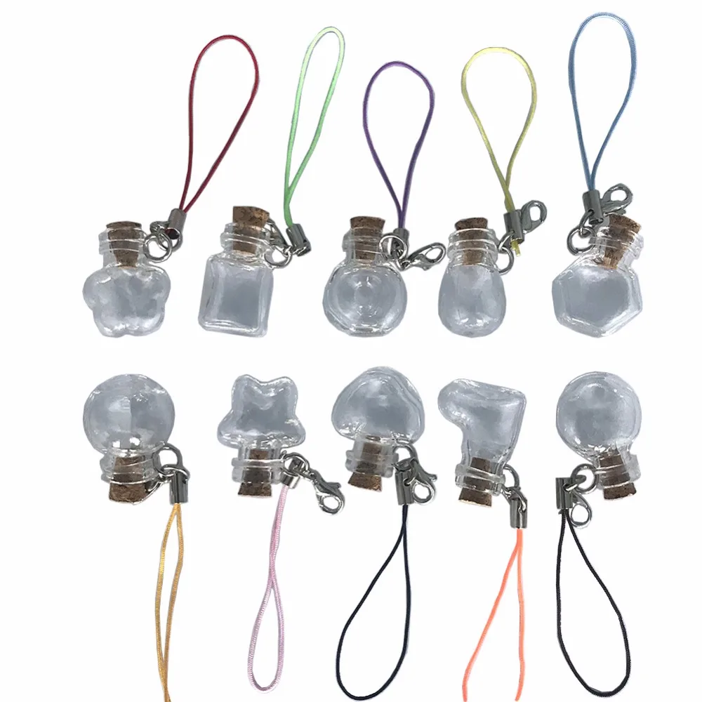 Mixed Mini Glass Bottles, Key Chain Pendants, Small Wishing Bottles with Cork, Vial Arts Jars for Bracelets, Gifts, 10Pcs