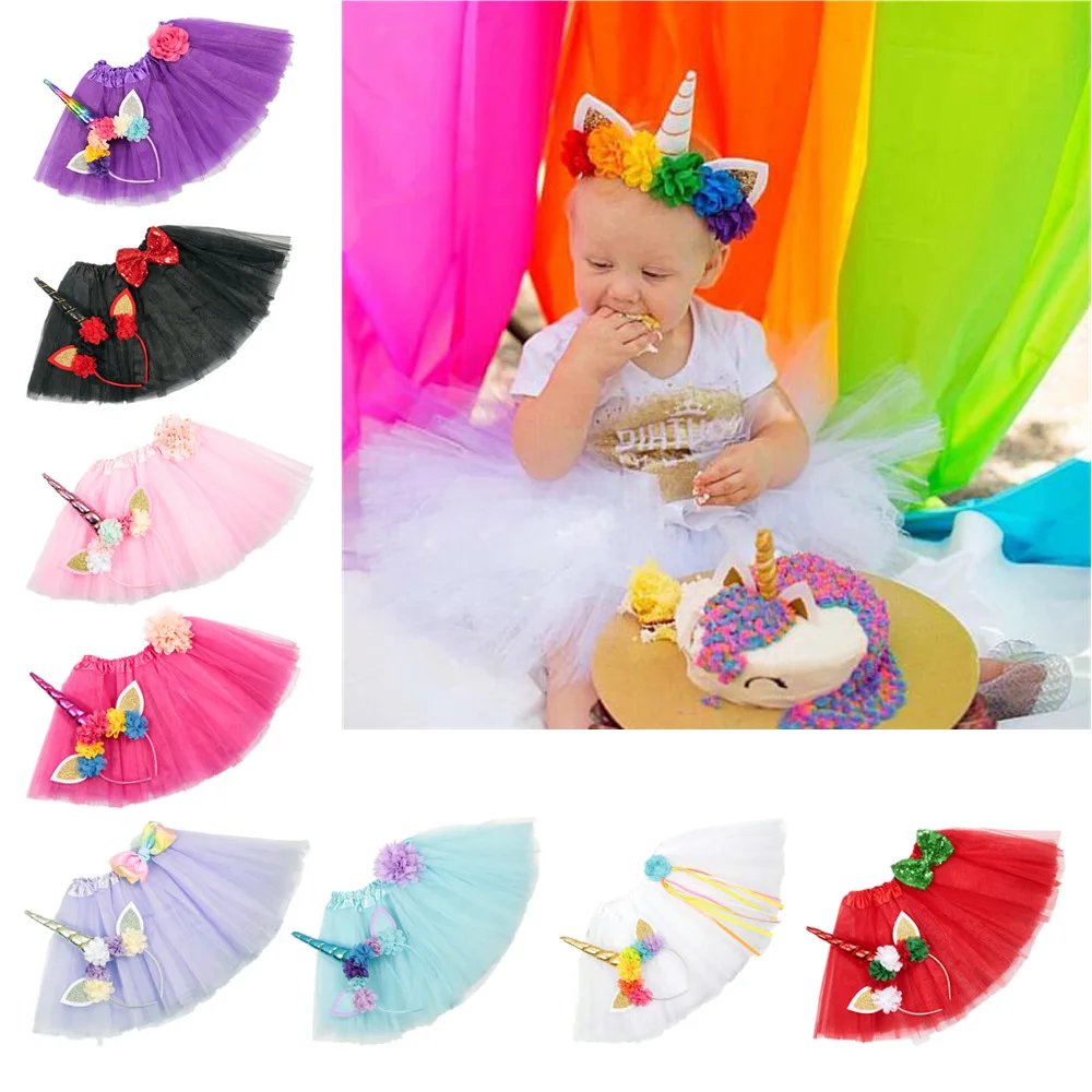 

Princess Girl Brithday Tutu Skirt Newborn Baby Unicorn Tutu+Headband Set Easter Baby Tulle Skirt Costume 2 PCS/Lot D0636