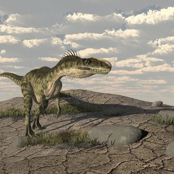Monolophosaurus walking across an open desert Poster Print (18 x 10)