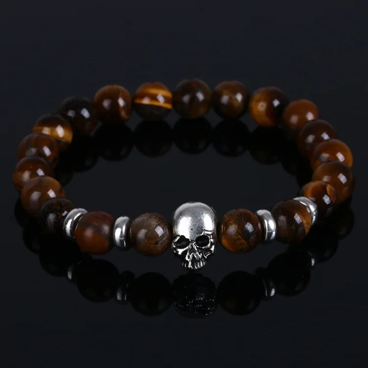Tiger Eye Stone Beaded Skull Bracelets For Men And Women Fashion Tiger Eye Stone Beaded Skull Bracelets