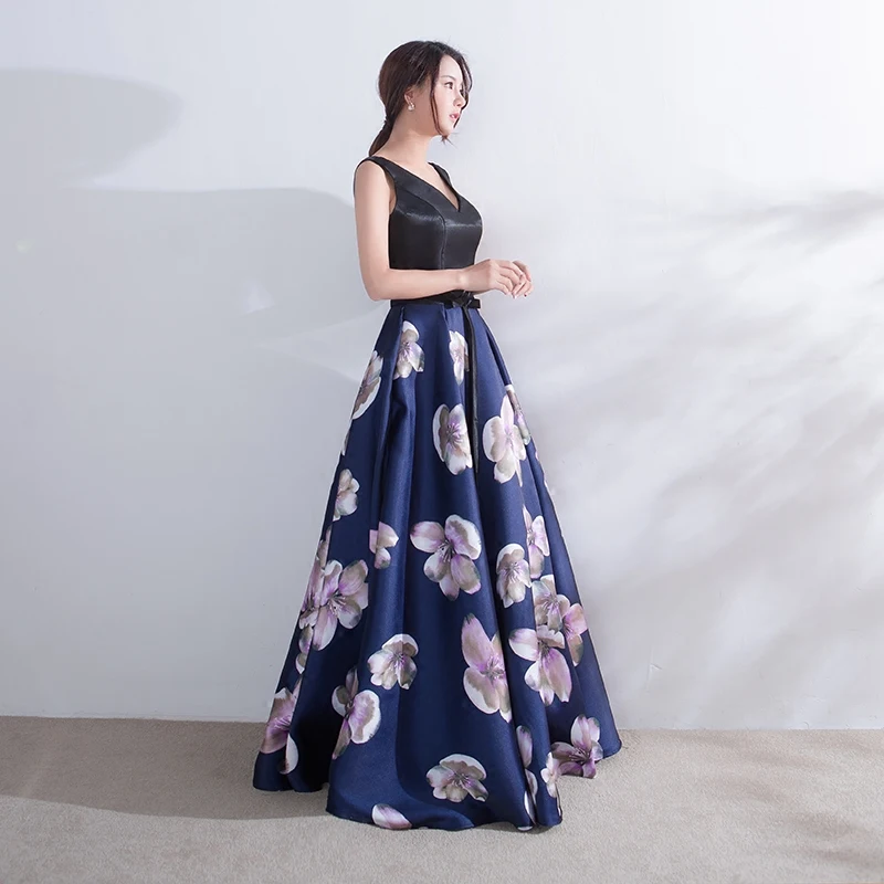 Suosikki evening dress long V Neck Floral Formal Dresses backless formal prom occasion dresses satin Robe De Soiree Party Gowns