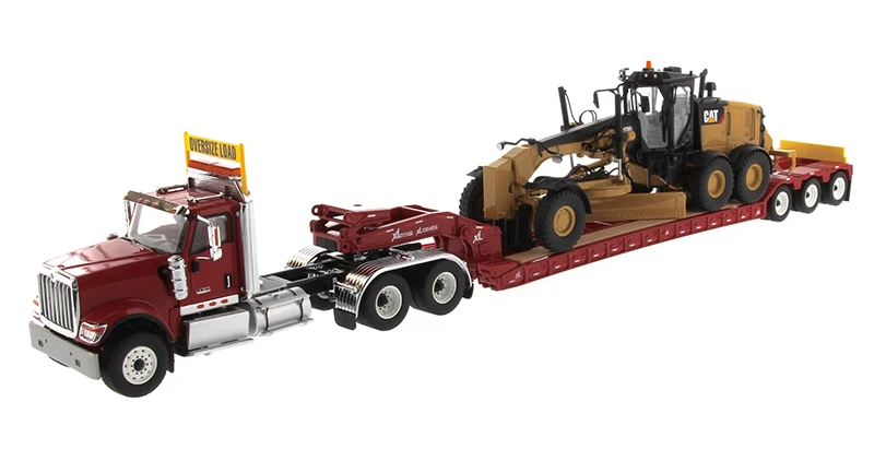 

DM-85598 1:50 International HX520 Tandem Day Cab Tractor with XL 120 Lowboy Trailer in Red and Cat 12M3 Grader