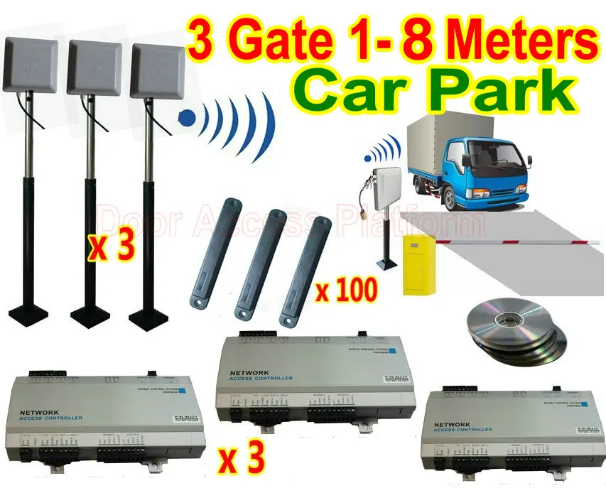 

3 Gate of 1- 8 meters Car Parking System full set UHF RFID 900MHz Long range reader, 3 Web/TCP/IP Access Controller panel+100tag