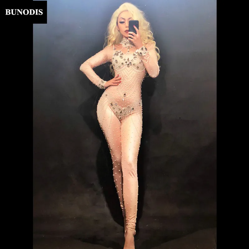 

ZD224 Women Sexy Skin Color Jumpsuit Big Glass Sparkling Crystals Bodysuit Nightclub Party Stage Wear Performance Costumes