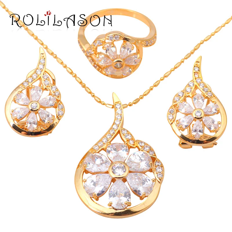 

Flower Gold Tone Austrian Zircon Crystal Health Nickel & Lead free Earring Necklace Ring size #6#7#8#9 Jewelry Set JS232