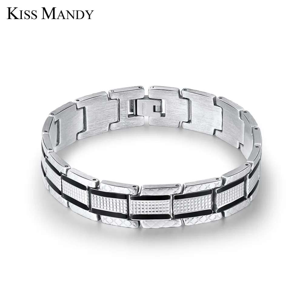 

KISS MANDY Men Stainless Steel Bracelets Black Silver Color Adjustable High Polished Bracelet Unisex Fashion Jewelry FB134