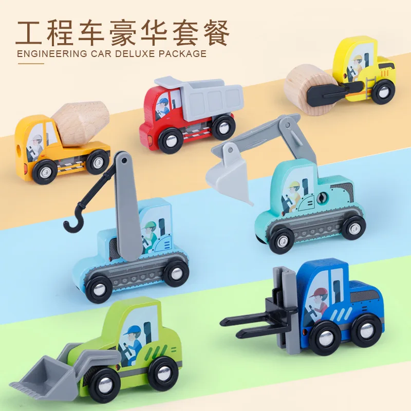 New pattern Cartoon engineering trolley set meal wooden toy trolley block building block car toy model toys