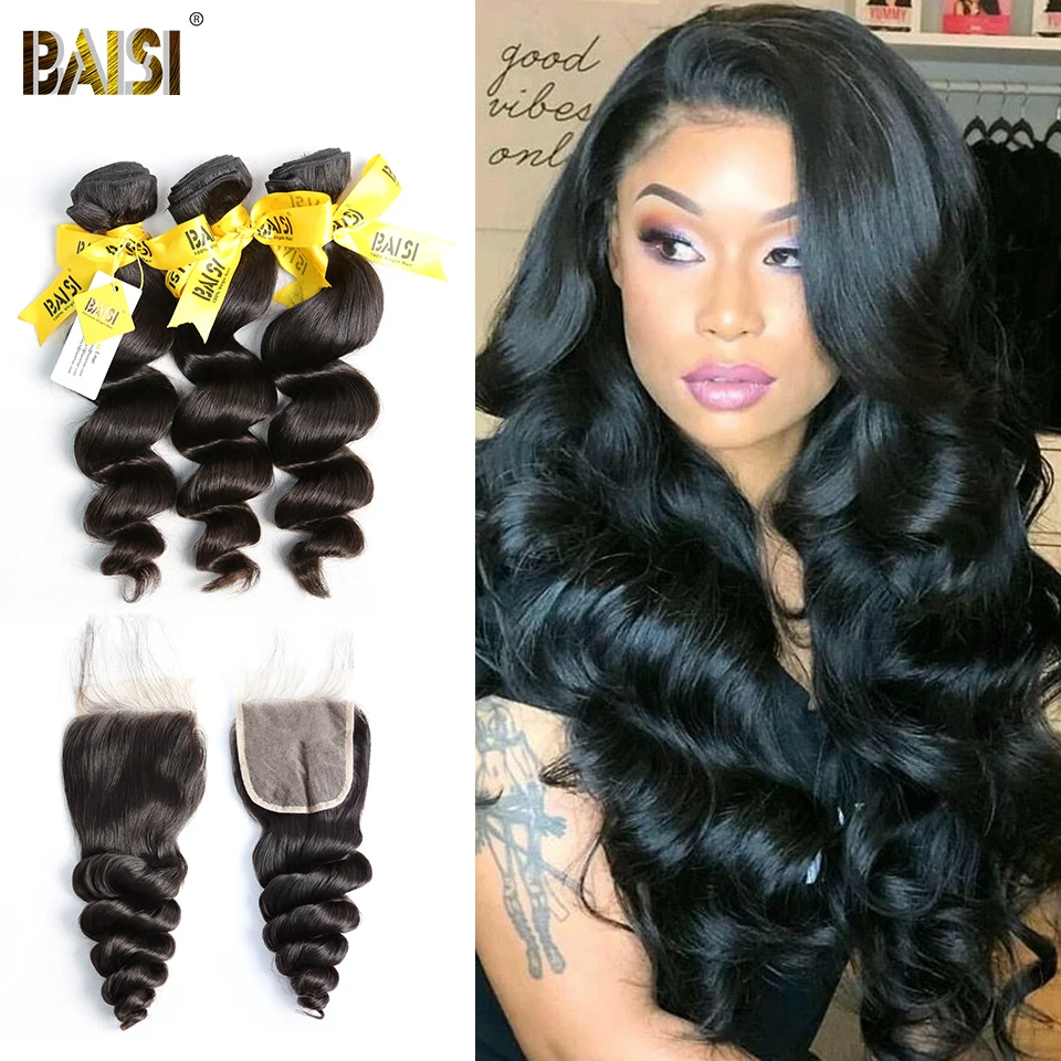 

BAISI Hair Peruvian Loose Wave Virgin Hair 3 Bundles with Closure 100% Unprocessed Human Hair Weave