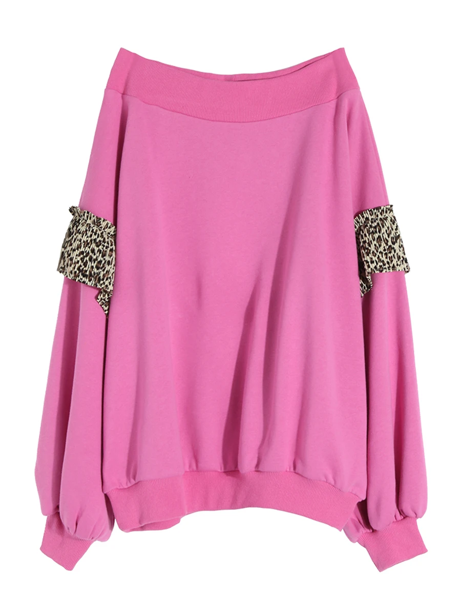 Slash Cou shirt Mode Longues Femmes T À Léopard Tricoté Hauts Large Patchwork Rose Manches Pull Haut Féminin Décontracté 7U4UOxw5q