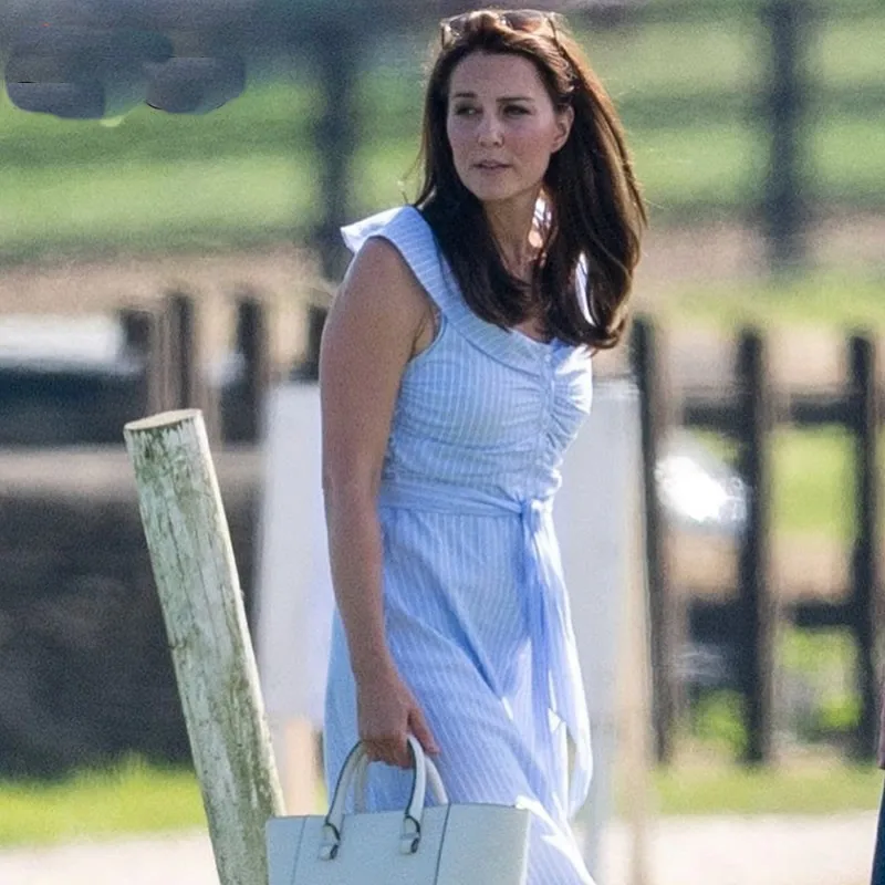 

2018 New Kate Middleton Princess stripe dress sexy elegant sleeveless pleated dress with bow W8888