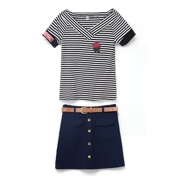 

Woman V Neck T Shirt Buttons Skirt Kroea Fashion Suits Summer New Leisure Women'S Clothing Students 2 Piece Short Sleeve Top