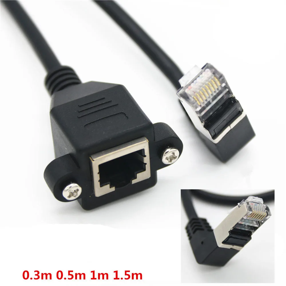 Connectors Down Angled 90 Degree 8P8C FTP STP UTP Cat 5e RJ45 Male to Female LAN Ethernet Network Extension Cable 0.3m 1m 1.5m - Cable Length: 150cm with Screw