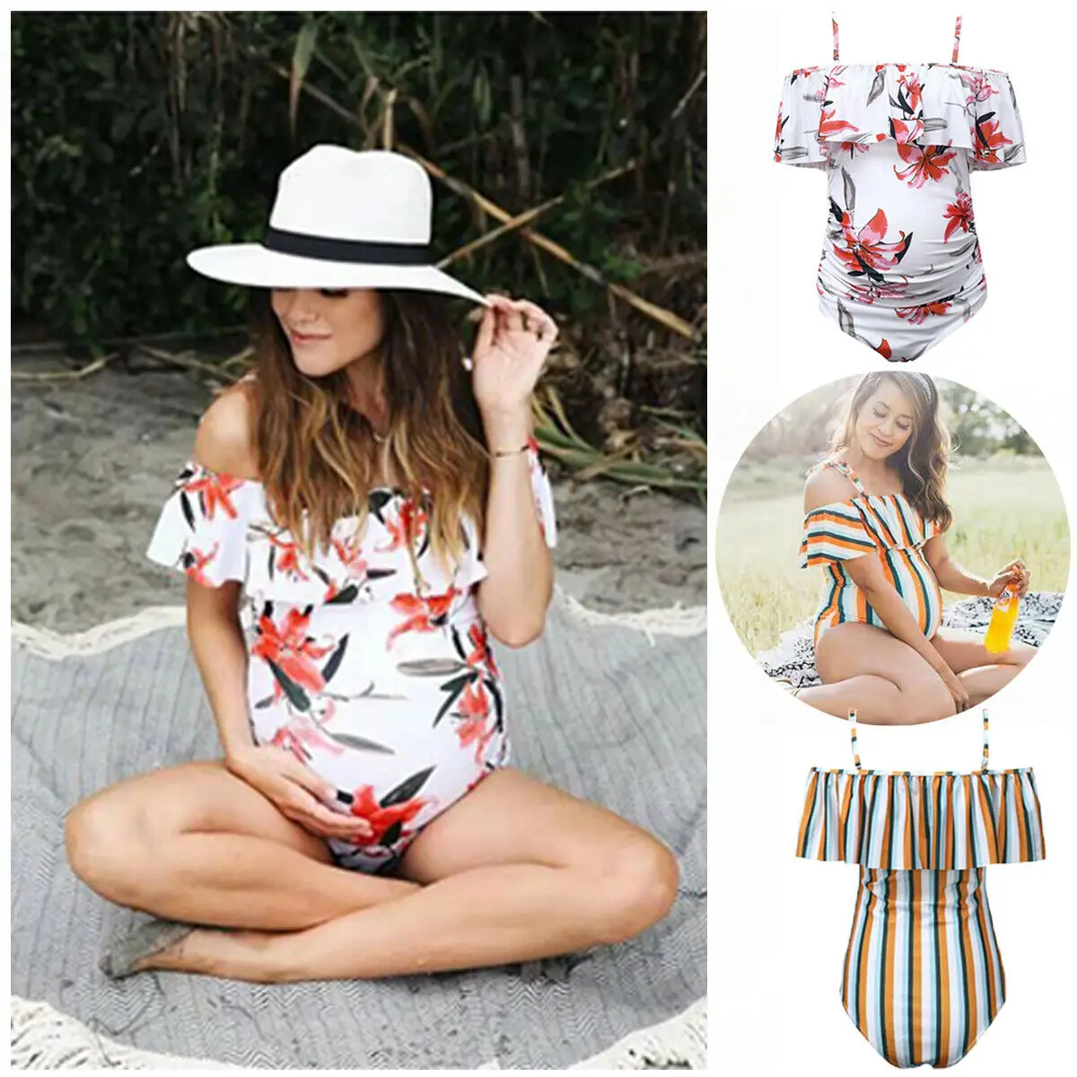 

2019 One Piece Women Maternity Pregnancy Ruffle Swimwear Bikini Monokini Swimsuit Bathing Suit Summer Flower Striped Swimsuits