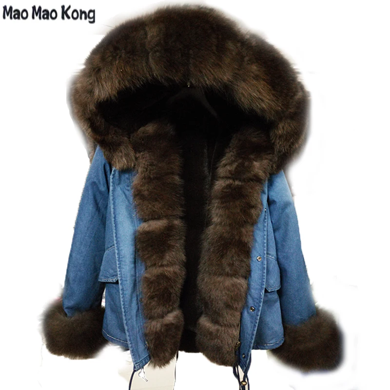 Женская Роскошная куртка с капюшоном и большим лисьим меховым воротником, съемная Толстая парка на меху из искусственного кролика, верхняя одежда, Длинная зимняя куртка
