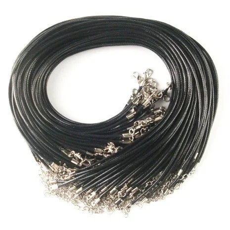 

4.0MM and 2.0MM Black leather cord Bracelets with Lobster Claw Clasp and Extension Chain for Handmade Necklace 17 inches