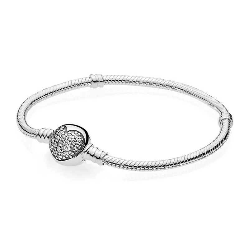 

Authentic 925 Sterling Silver Bracelet with Sparkling Heart Clasp Fit European Charm Original Pan Bracelet For Women DIY Jewelry