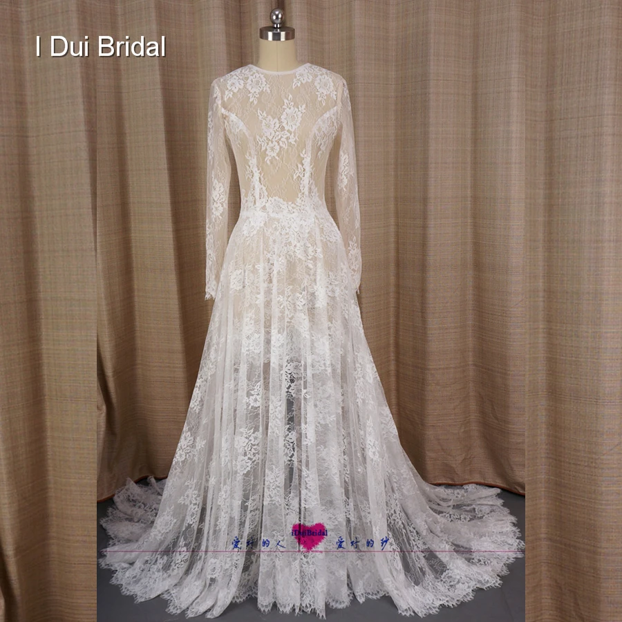 Long Sleeve A line Illusion Lace Wedding Dresses Transparent Sexy New Style Real Photo Factory Custom Made Bridal Gown