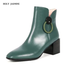 2019 Autumn Ladies Genuine Leather Thick Heel Ankle Boots Fashion Zipper Square Toe Fall Winter Bootie Black Green Women Boots 2019 Autumn Ladies Genuine Leather Thick Heel Ankle Boots Fashion Zipper Square Toe Fall Winter Bootie Black Green Women Boots