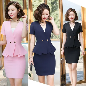 

IZICFLY Summer Office Clothes Formal Ladies Business Uniform Pink Elegant Mini Women Skirt Suits And Jacket Formal Work 4XL