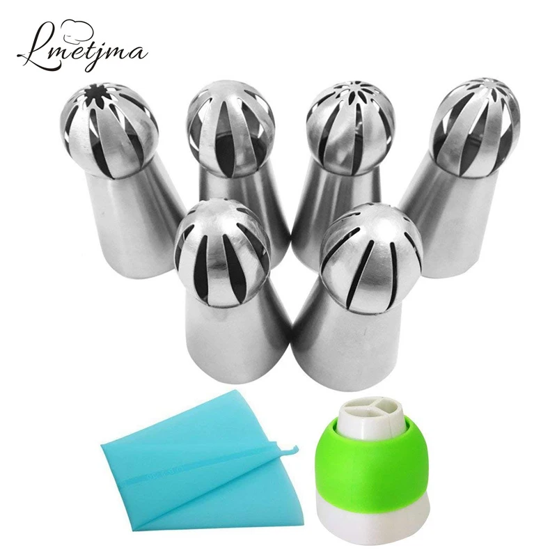 

LMETJMA 8pcs/set Russian Piping Tips Set 6pcs Russian Tips 1 Coupler Icing Piping Nozzles 1 Silicone Pastry Bags KC0177