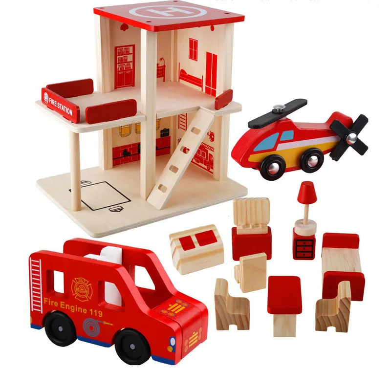 

Hight Quality Wood Children Pretend Play Toys Cosplay Simulation DIY Hut Fire Department Wooden Toys Birthday Gift Kids Toys