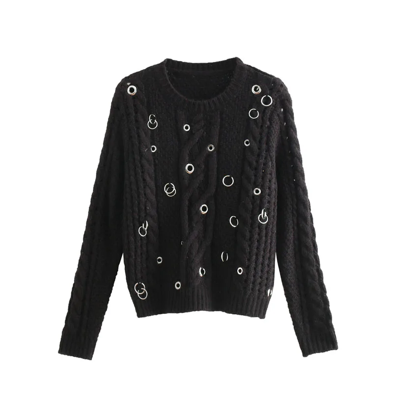 MY865 Autumn Winter O Neck Ring Buckle Deco Long Sleeve Sweater Ladies