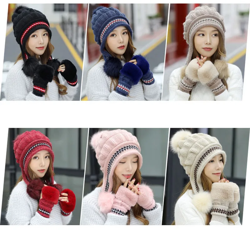 Ymsaid для девочек, утепленная Лыжная шапка, бренд, Меховые помпоны, зимние милые вязаные шапки, женская шапка, женские теплые перчатки+ вязаная шапка