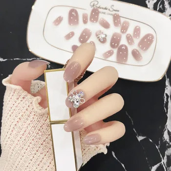 

24pcs Cream Nude Pink Manicure False Nails Glitter Diamond Flower Decorated Full French Nail Tips Bride Stickers With Glue