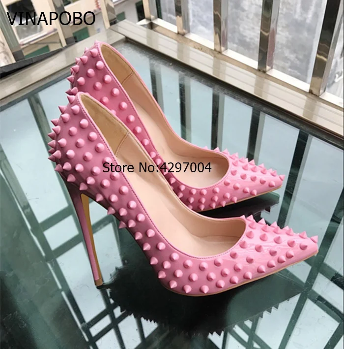 VINAPOBO Rivet Studded Pointed Toe High Heels Red Lady Pumps Patent Leather Sweet Pink Shoes Slip On Wedding Women Stilettos