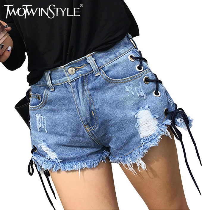 Twotwinstyle Summer Side Lace Up Denim High Waist Shorts For Women