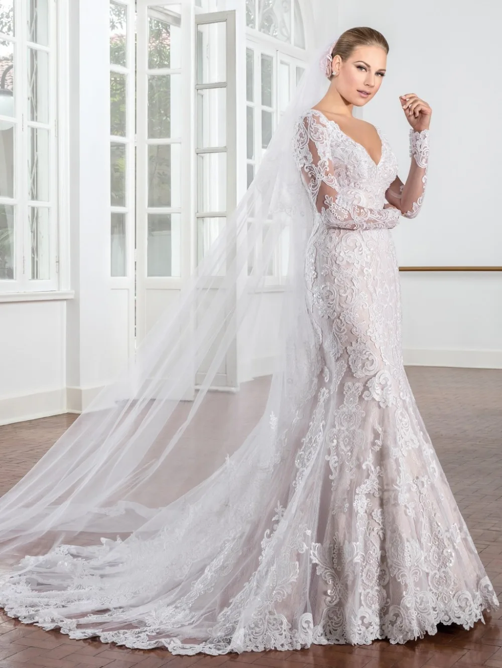 Vestido де Noiva 2017 Кружева Русалка Свадебные Платья V образным Вырезом С Длинными