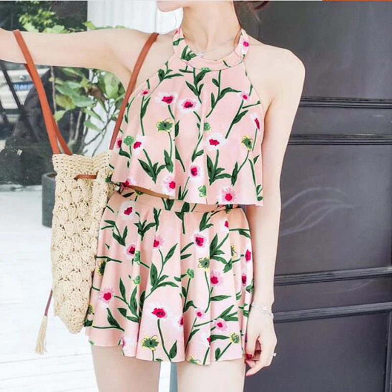 1New Style Two Piece Swimsuit Flower Print Red Sexy Women Swimwear Bathing Costume Vacation Slim Swimming Clothing For Teen Girls