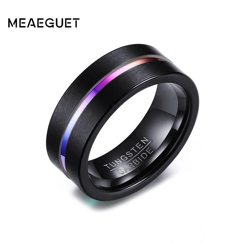 Meaeguet 8 мм черный Вольфрам кольцо для Для мужчин Для женщин Обручальные кольца Мода Радуга карбида канавка Кольца изделия США Размеры