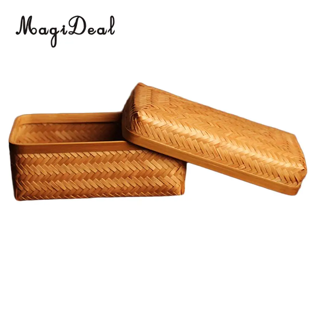 Bamboo Storage Basket Tray Food Hamper Bread Fruit Tea Box Organizer w/ Lid