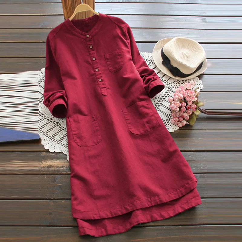 ZANZEA льняное платье женское хлопковое Vestidos Осень Зима мини платье с длинным рукавом повседневное мандарин длинная туника рубашки платья - Цвет: Красный