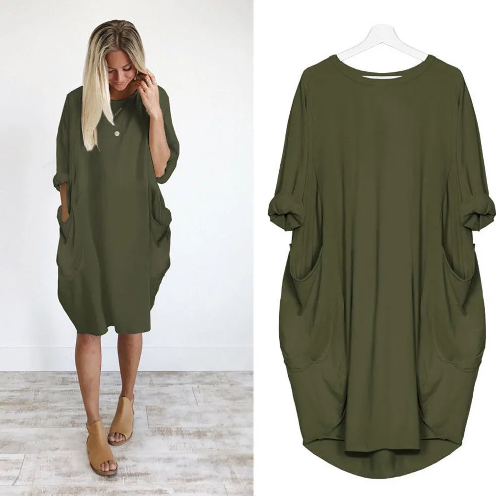 

2019 new fashionAutumn Womens dresses Pocket Loose Dress Ladies Crew Neck Casual Long girl Tops Dress female fashion big vestido