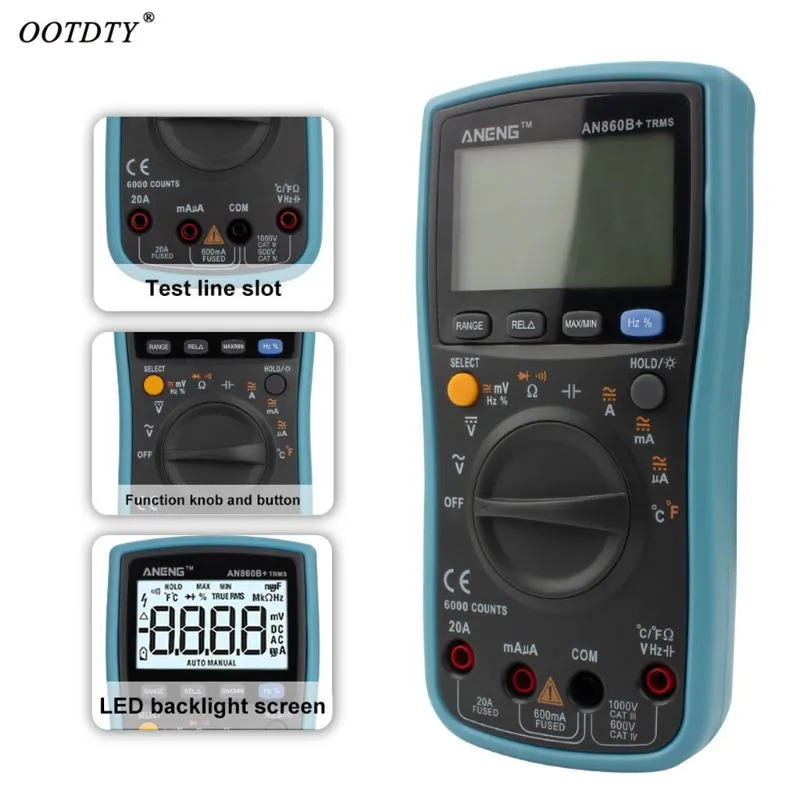 

OOTDTY AN860B+ LCD 6000 Counts Digital Multimeter Backlight AC/DC Current Voltage Resistance Frequency Temperature Tester