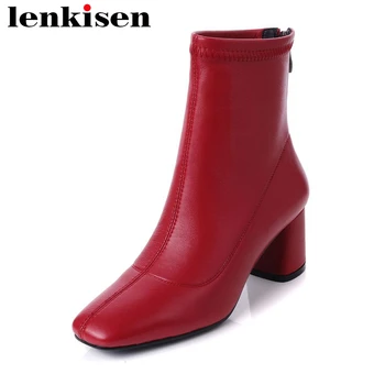 

Lenkisen sheep leather ankle boots square toe zipper thick high heels plus size red black colour women popular chelsea boots L13