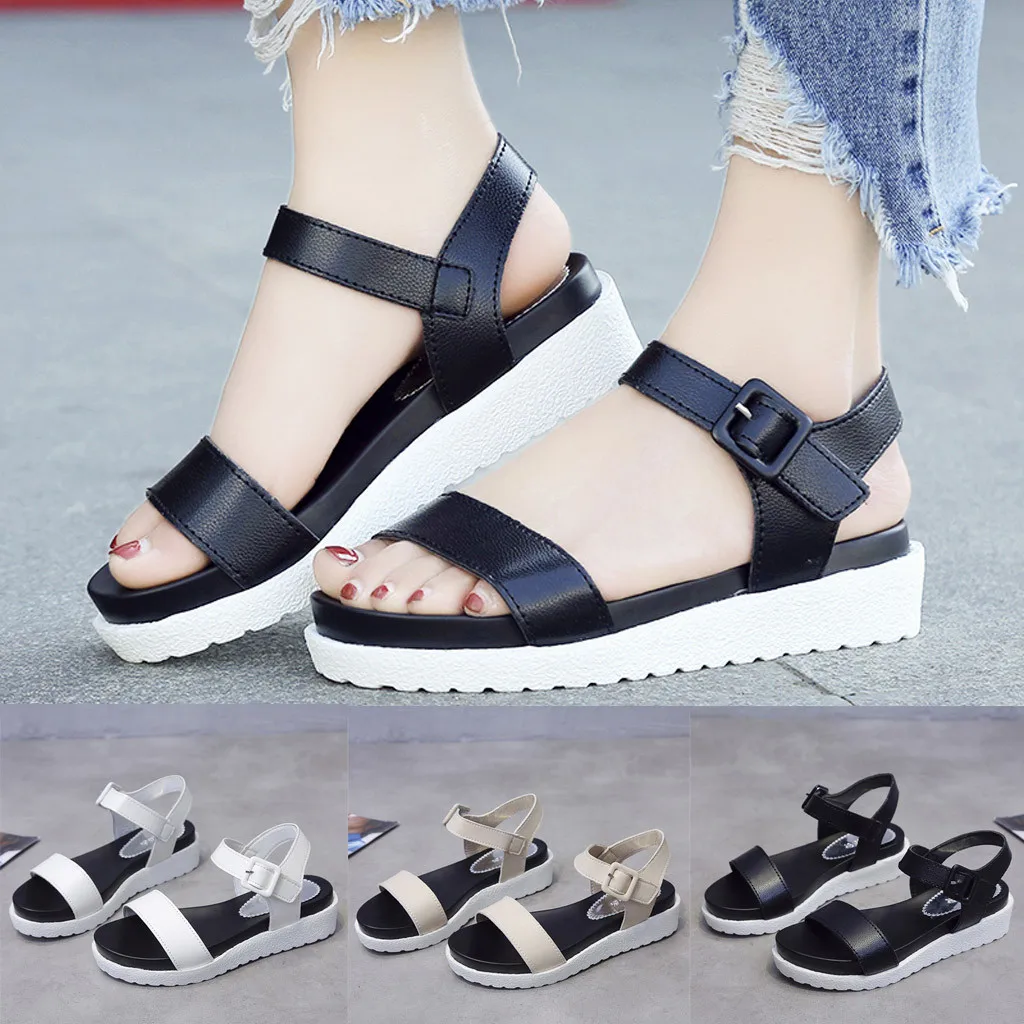 

2019 Spring Summer New Women's Summer Buckle Strap Flat Beach Open Toe Breathable Sandals Solid Color High Quality Rome Shoes