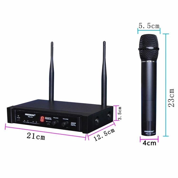 Freeboss FB-U10 Dual Way Karaoke Meeting Church School Sing 2 Metal Handhelds UHF Wireless Microphone