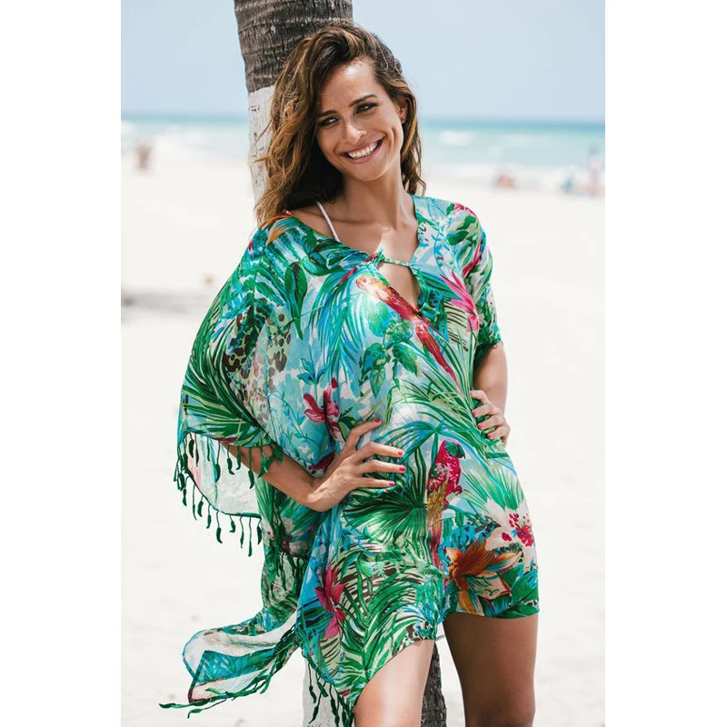 Богемное зеленое платье-рубашка с тропическим принтом листьев и кисточками, летнее шифоновое пляжное платье саронг, накидка для плавания, туника, накидка для плавания