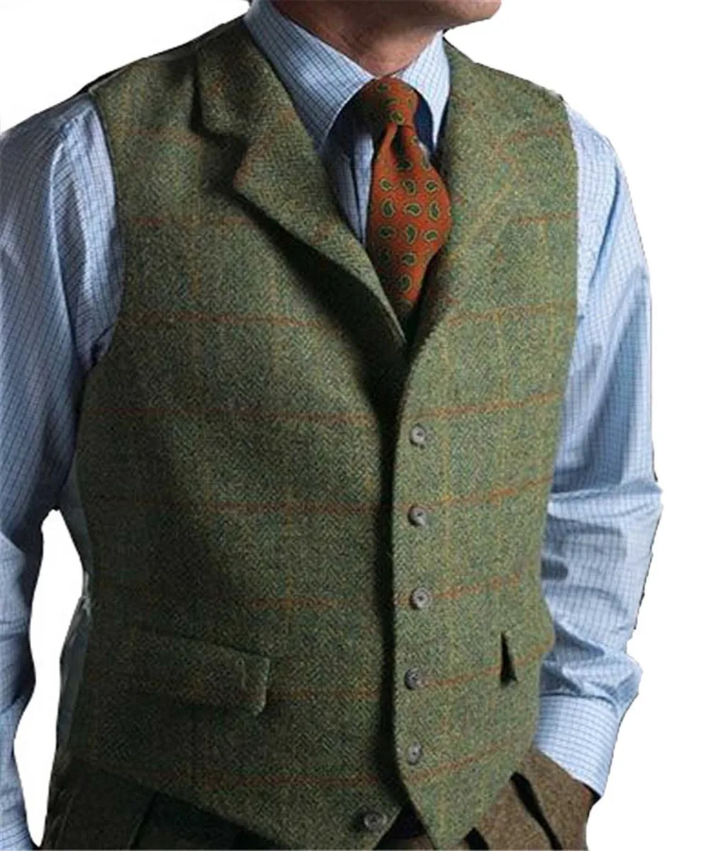 

Men's Green Vest Tweed Wool Waistcoat Slim Fit Lapel Plaid Suit Vest Herringbone Tweed Tuxedo Vest 2019 New