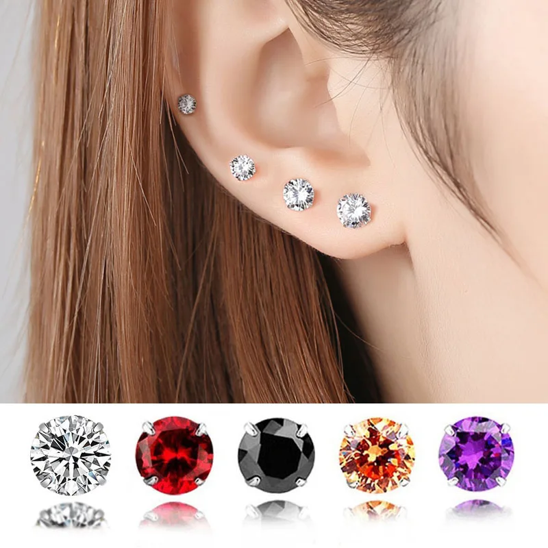 

2PCS/Pair Real 925 Sterling Silver Earrings Sparkling Round Zircon CZ Stud Earrings for Women Men Girls Boys Fashion Jewelry