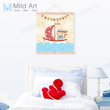 

Kawaii Sea Ship Navy Boy Wooden Framed Hanger Posters Nordic Kids Baby Room Wall Art Pictures Home Decor Canvas Paintings Scroll