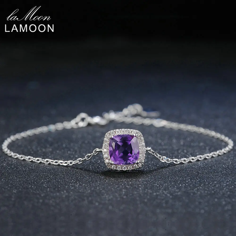 Koop LAMOON Amethist Armband 925 Sterling Zilveren Armband Vrouw Edelsteen 18K Wit Vergulde Fijne Sieraden Eenvoudig Ontwerp LMHI007