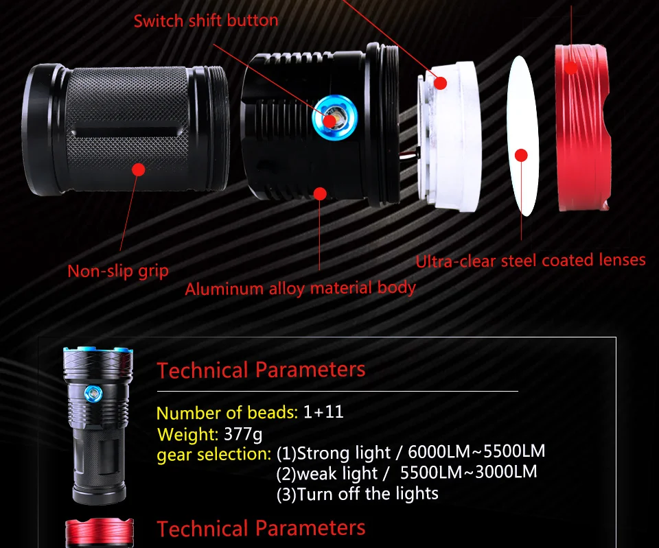 Powerful LED Flashlight 9 10 12 T6 LEDs Torch Portable LED Linterna 4pcs 18650 Battery Powered for Outdoor Lighting Hiking Camping (11)