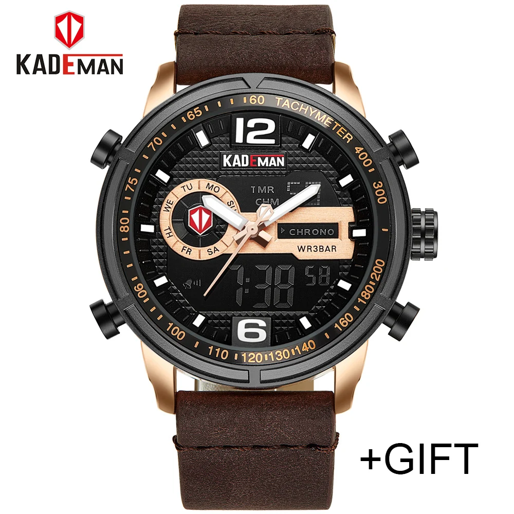 

KADEMAN Luxury Men Sport Watches LED Digital Dual Display Quartz Leather Wrist Watch Fashion Relogio Masculino Waterproof K6165L